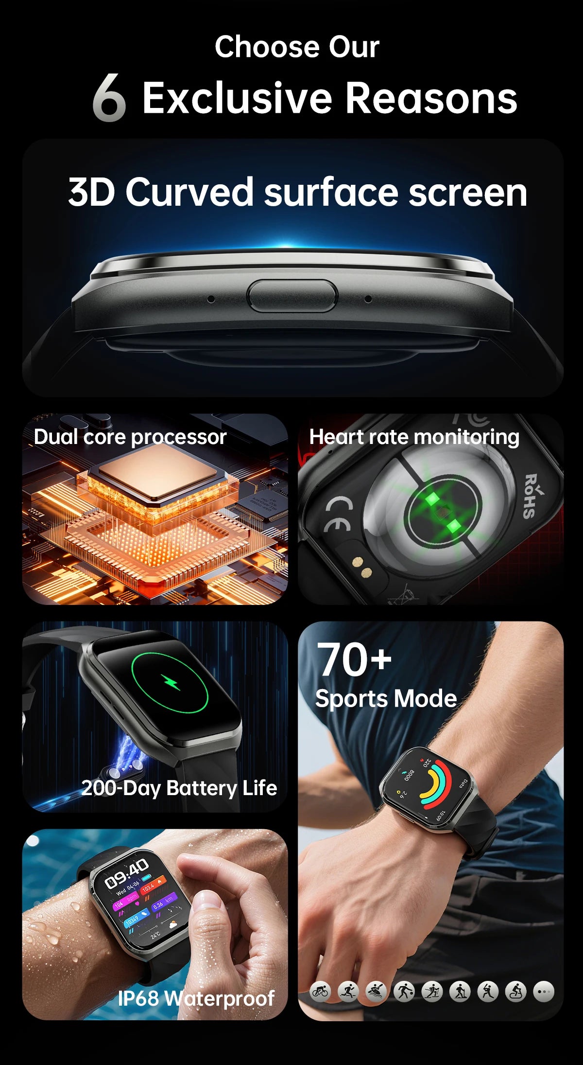 New Smart Watch Man 1000mAh Long Standby Outdoor Smartwatch Men IP68 Waterproof Heart Rate Sport BT Call Big Battery Smart watch
