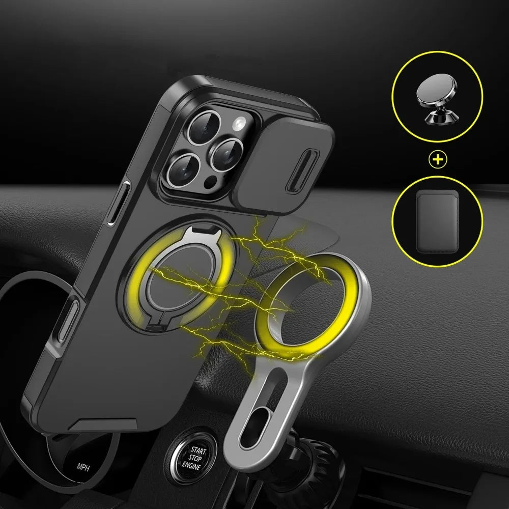 Luxury Heavy-Duty Rugged Armor Magnetic Bracket Case For iPhone 16 15 14 13 12 11 Pro Max Plus Slide Camera Protection PC Cover