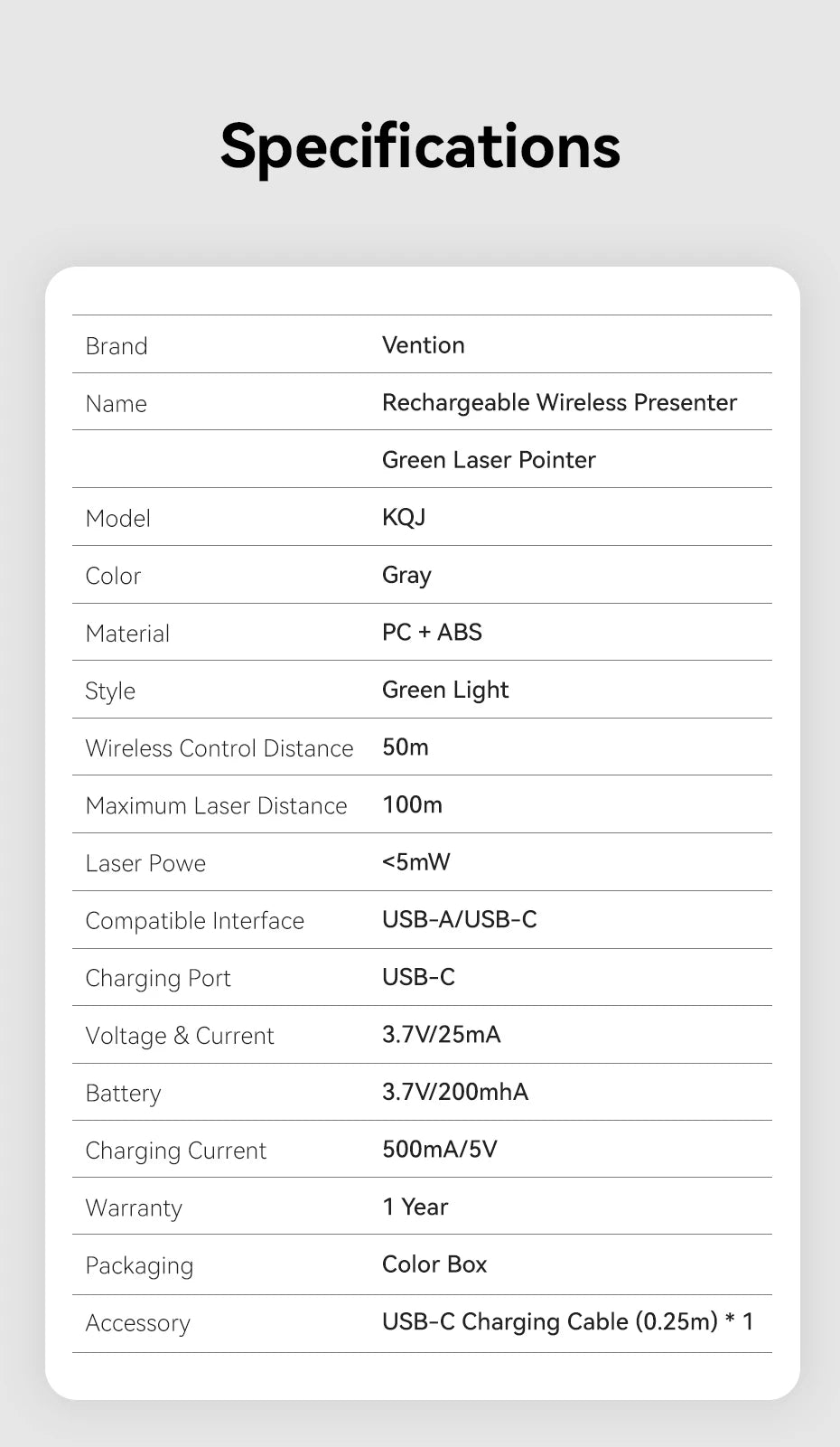 Vention Wireless Laser Pointer Presenter 100m 2.4Ghz USB C for MacBook Android Projector PPT Remote Control Presentation Pen