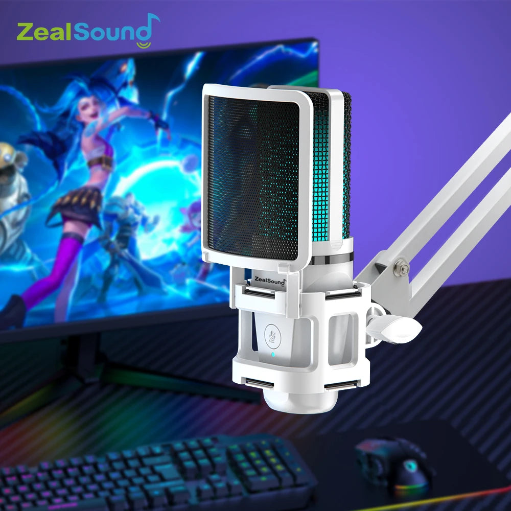 Zealsound RGB USB Gaming Microphone with Articulated Arm, White Computer Condenser Mic For PC/Mac, Recording Podcasting Streaming - WinSupport Tech
