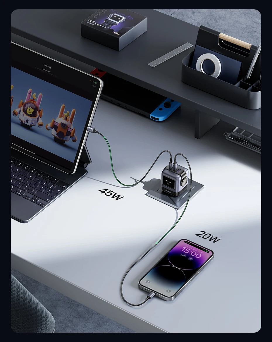 【US Plug】UGREEN 65W 30W GaN Charger Robot Design PD3.0 Fast Charger QC4.0 3.0 PPS for iPhone 17 16 15 Pro Macbook Laptop Table