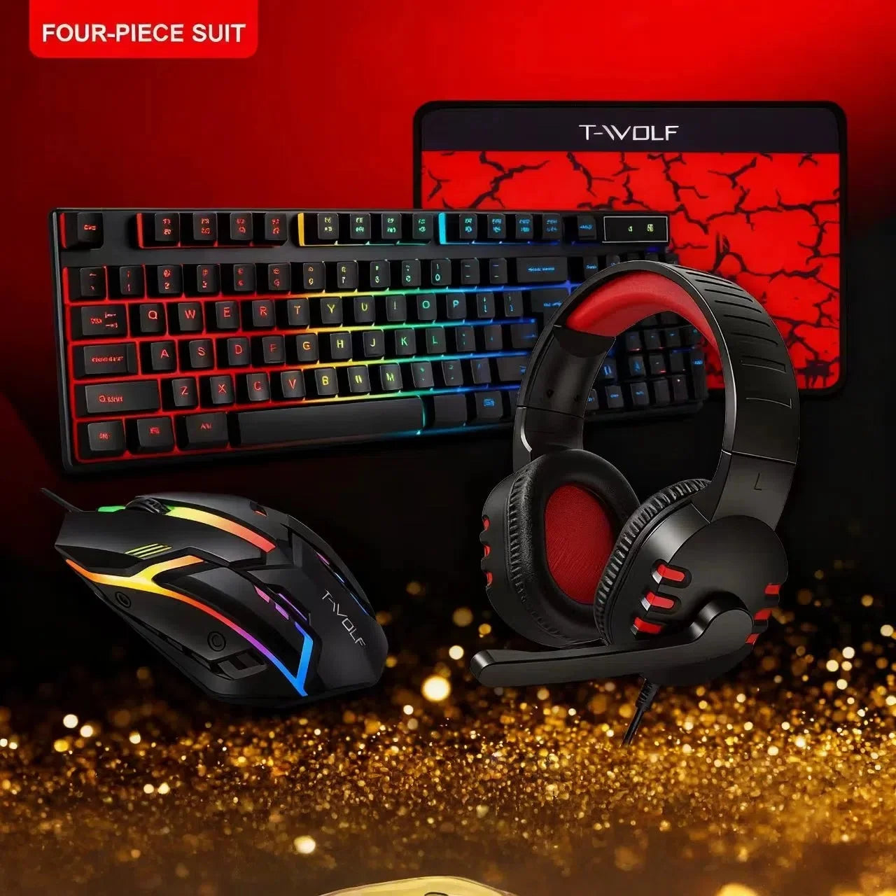 T-WOLF Thunderwolf TF880 Wired Keyboard, Mouse, Headphones and Audio Five-piece E-sports Game Enjoy Super Fast Moving Speed.