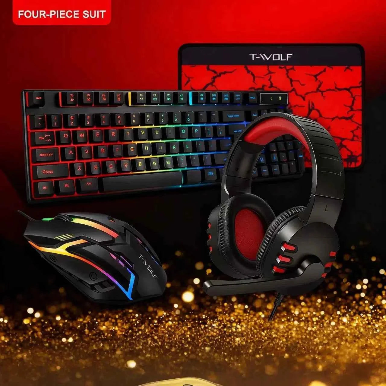 T-WOLF Thunderwolf TF880 Wired Keyboard, Mouse, Headphones and Audio Five-piece E-sports Game Enjoy Super Fast Moving Speed.