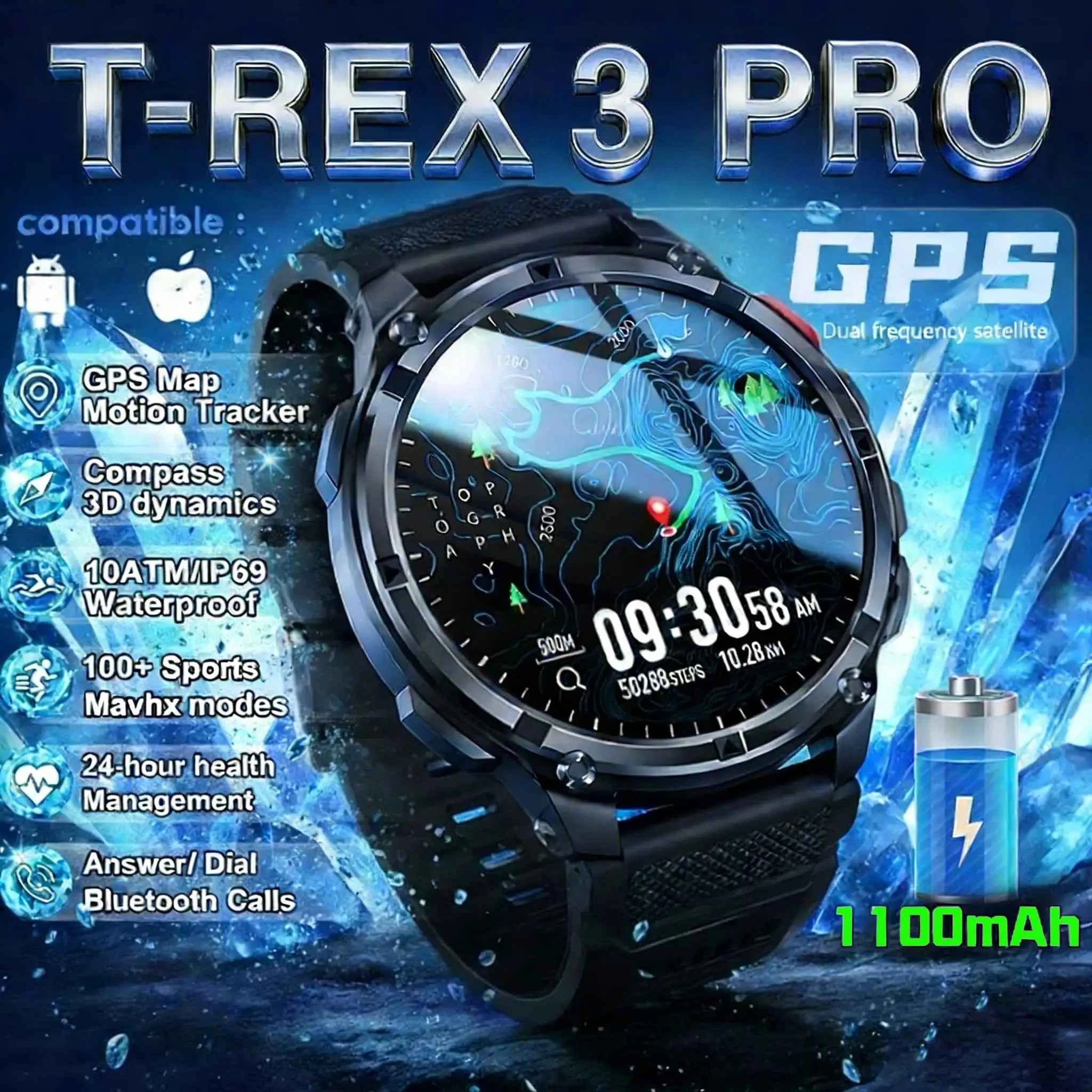 2026 New T-Rex3 Pro GPS Tracker 1100mAh Smartwatch Men 120-Day Standby Clock Rugged Outdoor Sport 10ATM Waterproof Call Watches