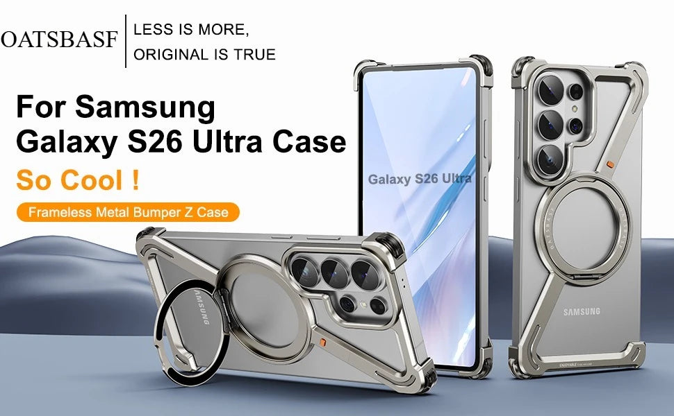 Eary Z Shape for Samsung Galaxy S26 Ultra Phone Case Frameless Metal Protective Case 360°Rotate Magnetic Stand Shockproof Cover