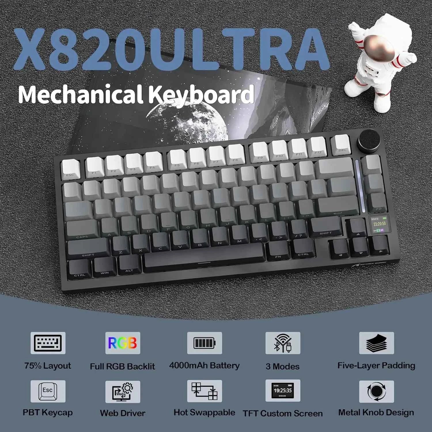 ATTACK SHARK X820 Ultra Wireless Mechanical Keyboard with TFT Smart Display & Knob, Hot Swappable, RGB South Facing LED