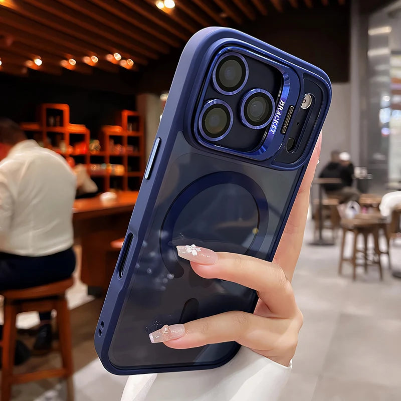 Luxury Matte Translucent Armor Shockproof For Magsafe Bracket Case For iPhone 17 16 15 14 13 12 Pro Max 17 Wireless Charge Cover