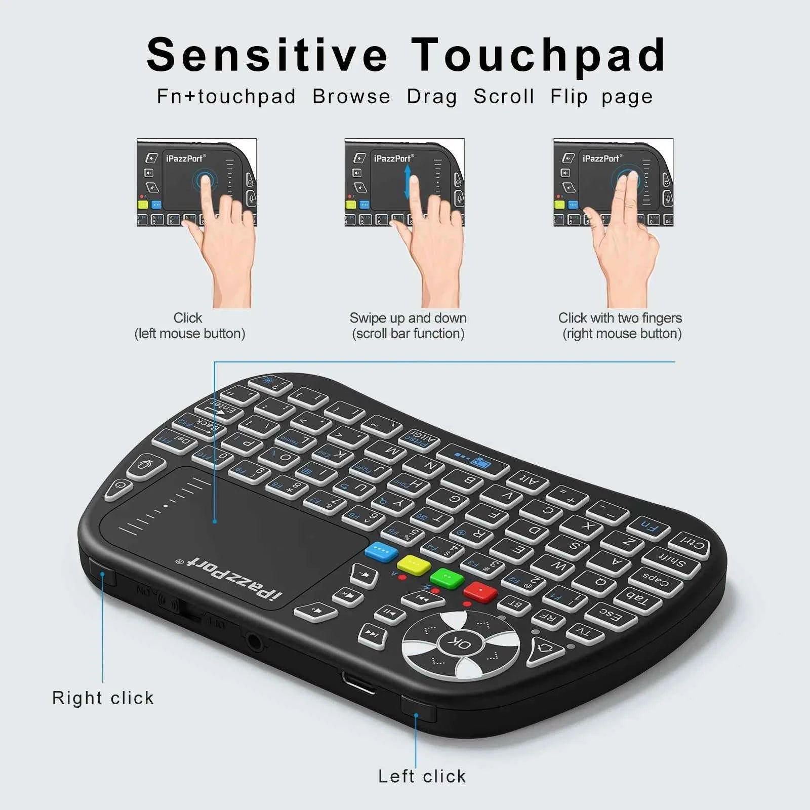 iPazzPort Bluetooth mini Keyboard with Touchpad,2.4Ghz , Backlight, Rechargeable, Compatible with Smart TV, Android TV Box, PC