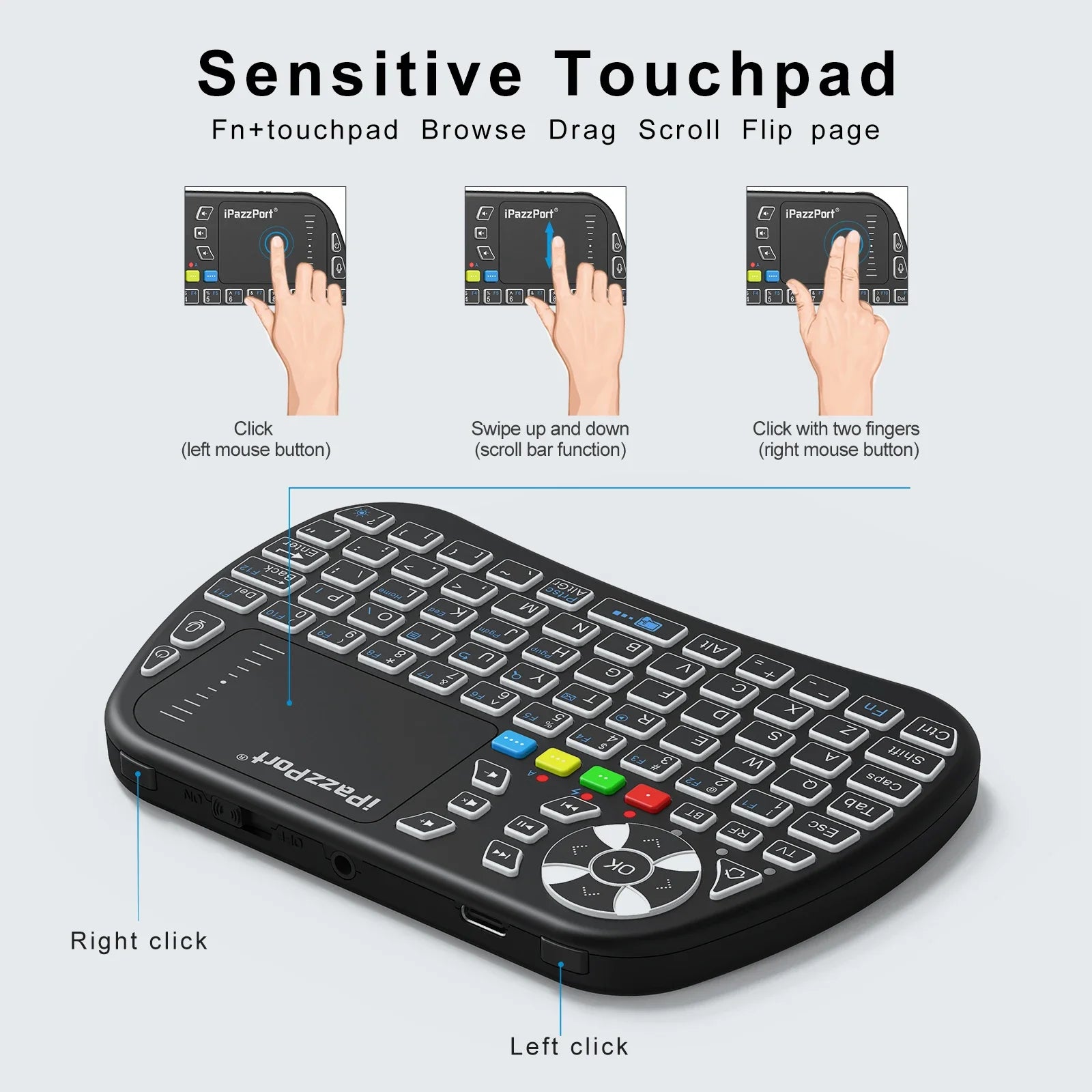 iPazzPort Bluetooth mini Keyboard with Touchpad,2.4Ghz , Backlight, Rechargeable, Compatible with Smart TV, Android TV Box, PC