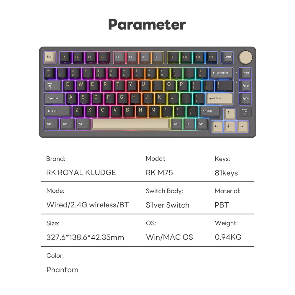 RK ROYAL KLUDGE M75 Gasket Mechanical Keyboard 2.4G Wireless/Bluetooth/USB 75% RGB Hot-Swappable Gaming Keyboard with Display