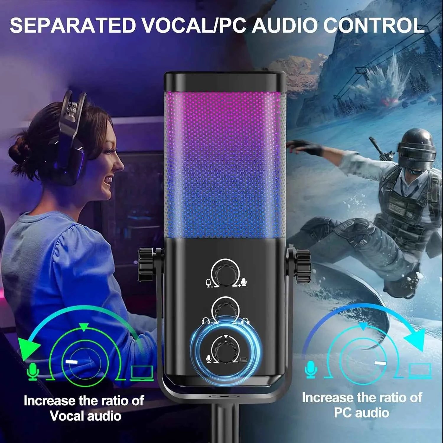 RGB Gaming Microphone with Game Voice Balance & Noise Cancellation, Studio USB Computer Condenser Mic for Streaming/Recording