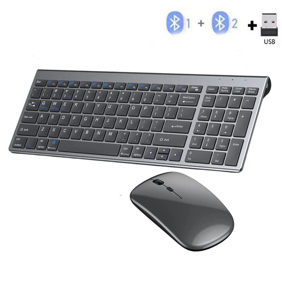 Gray Bluetooth 5.0 & 2.4G Wireless Keyboard Mouse Combo Rechargeable Full Size Wireless Keyboard for Notebook Laptop - WinSupport Tech