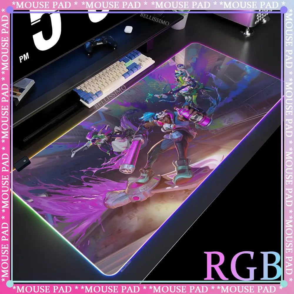 RGB League of Legends MousePad Gamer Jinx Anime Girl LED Game Accessories Keyboard Pad Large Desk mats Rubber Luminous Mouse Pad