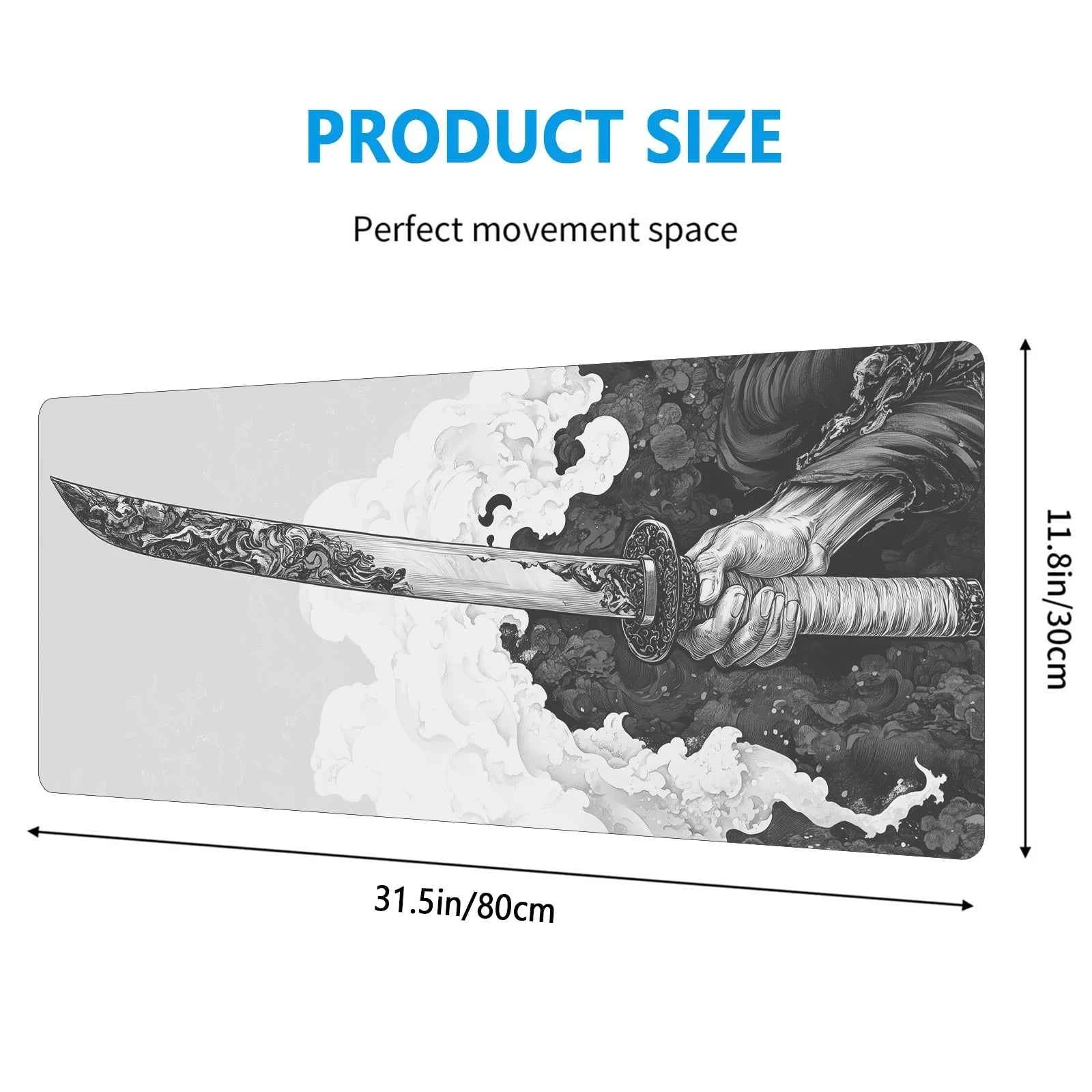 Black And White Comic Wind Sword Model Keyboard Mouse Pad Desk Mat, 3D Gaming Mouse Pad with Non-Slip Rubber Base Stitched Edges