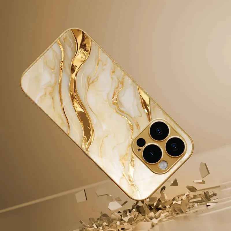 Golden Marble Waves Gold Metallic Paint Tempered Glass Phone Case For iPhone 17 Pro Max 11 12 13 14 15 16 Plus 17 Air 16E Cover