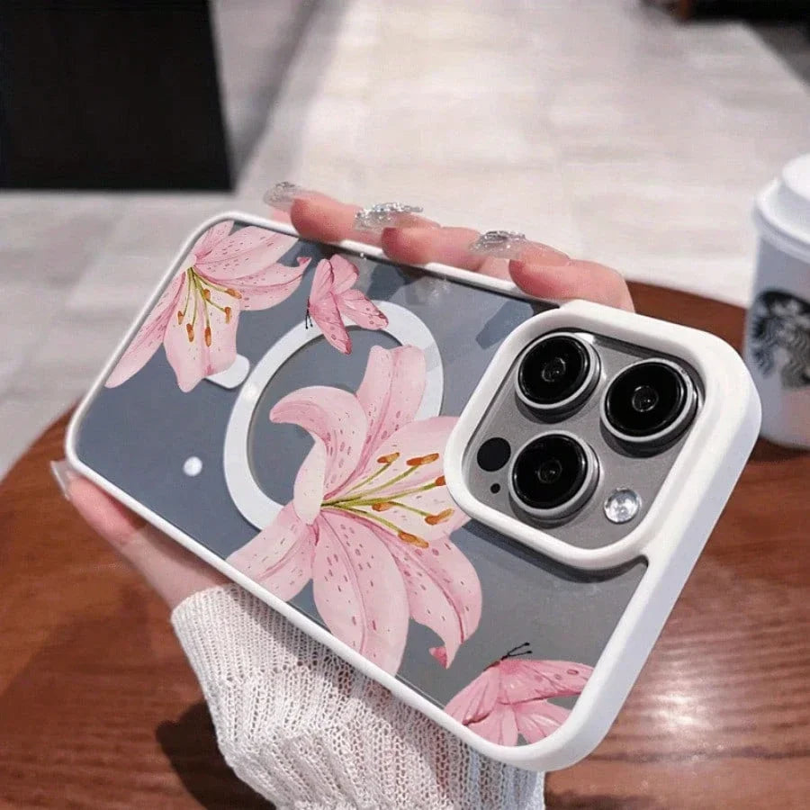 Pink Lily Magnetic Phone Case For iPhone 17 16 15 14 13 12 11Pro Max Plus It features a stylish pattern design