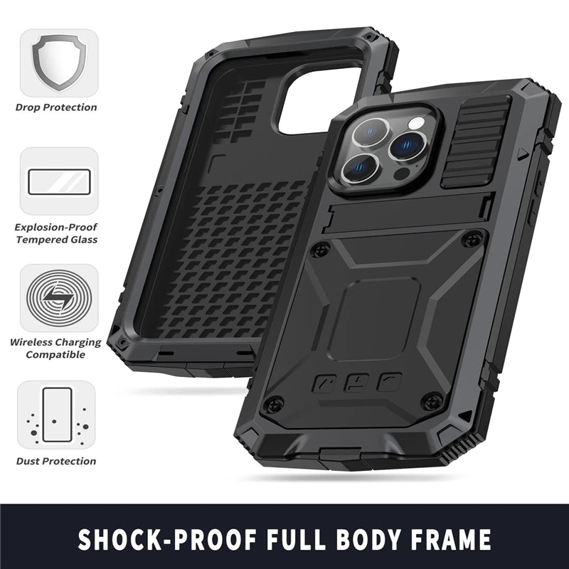 for iPhone 14 13 12 Pro Max Mini 11 Pro Max Case Full-Body Rugged Armor Shockproof Protective Kickstand Aluminum Metal Cover