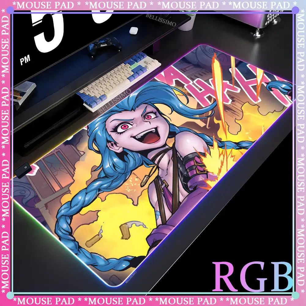 RGB League of Legends MousePad Gamer Jinx Anime Girl LED Game Accessories Keyboard Pad Large Desk mats Rubber Luminous Mouse Pad