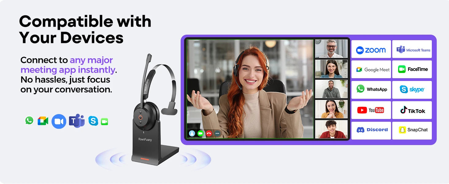 RownFusny R03 Call Center Wireless Headset Bluetooth 5.3 Computer Headphones Bluetooth Headsets with USB Noise Reduction Mic