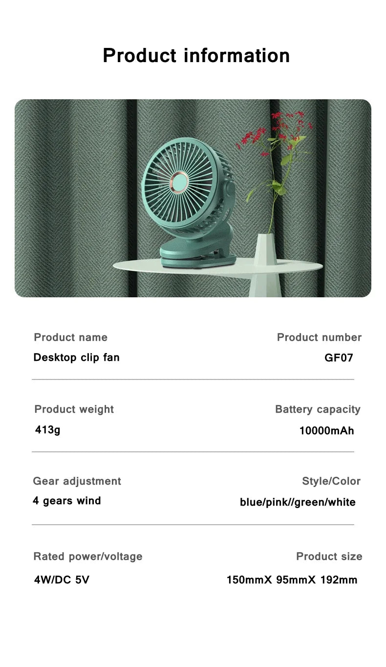 Mini 10000mAh Chargeable Clipped Fan 360° Rotation 4-speed Wind USB Desktop Ventilator Silent Air Conditioner for Bedroom Office