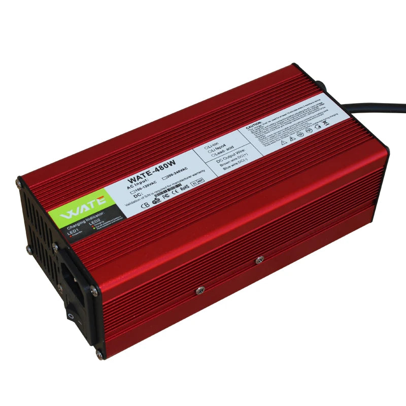 54.6V 8A Charger 13s 48V Lithium ion Battery Charger Output With Cooling Fan Red Aluminum Shell