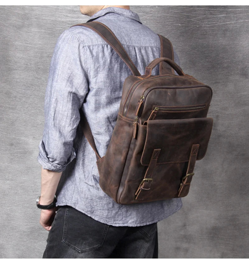 Vintage Crazy Horse Genuine Leather Backpack Men Bagpack Cowhide Hiking Backpack 17
