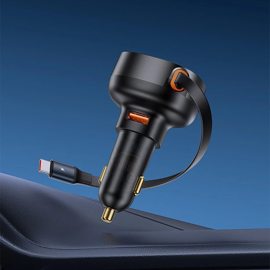 Baseus 60W Car Charger 2 in 1 Retractable Cable SCP 25W QC PD 30W Fast Car Phone Charger For iPad iPhone 16 15 14 13 Pro Samsung