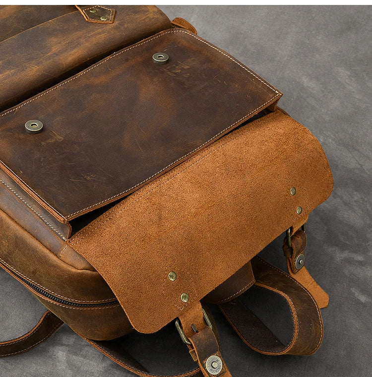 Vintage Crazy Horse Genuine Leather Backpack Men Bagpack Cowhide Hiking Backpack 17