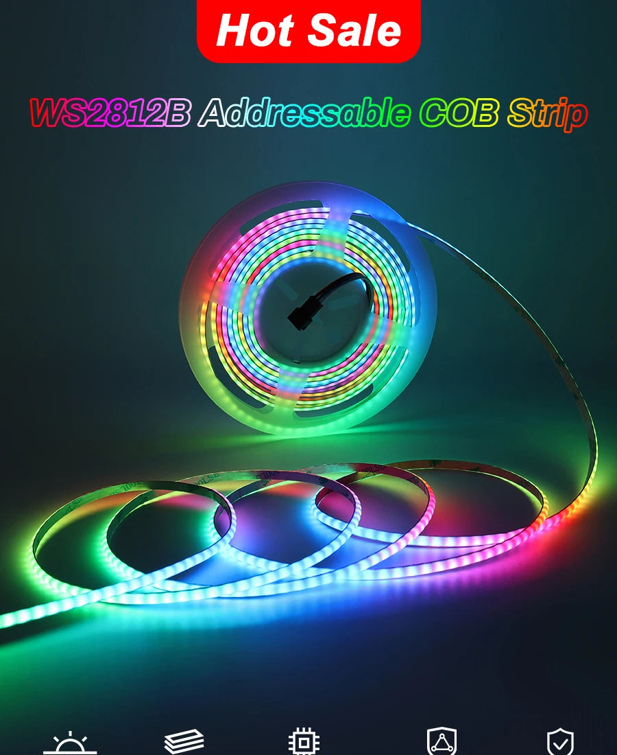 5V New 3mm Super Thin Addressable COB LED Strip RGBIC Individual Pixel Control 240LEDs WS2812B Dream Color USB Powered LED Tape