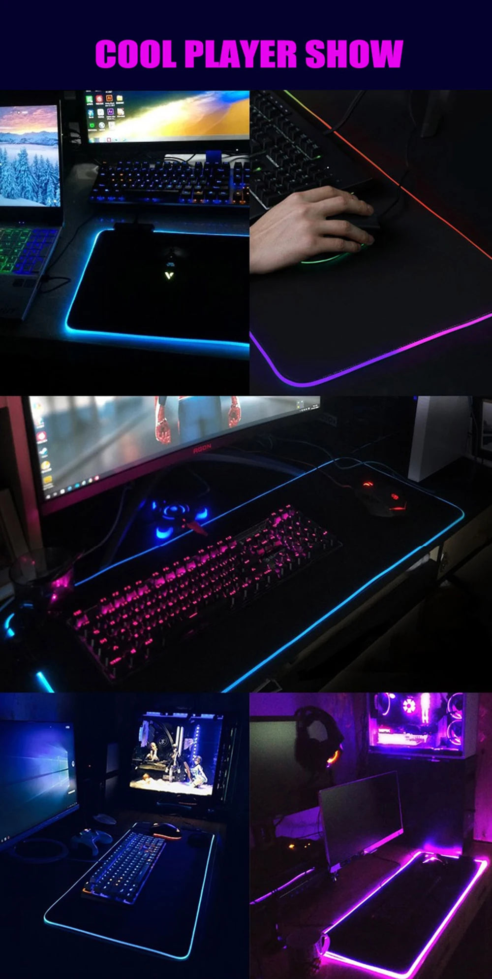 LED Lighting RGB Mouse Pad E-sports Game Keyboard Pad Table Mats Geometric Hexagons Pc Accessories Deskmat Mousepad Gamer Anime