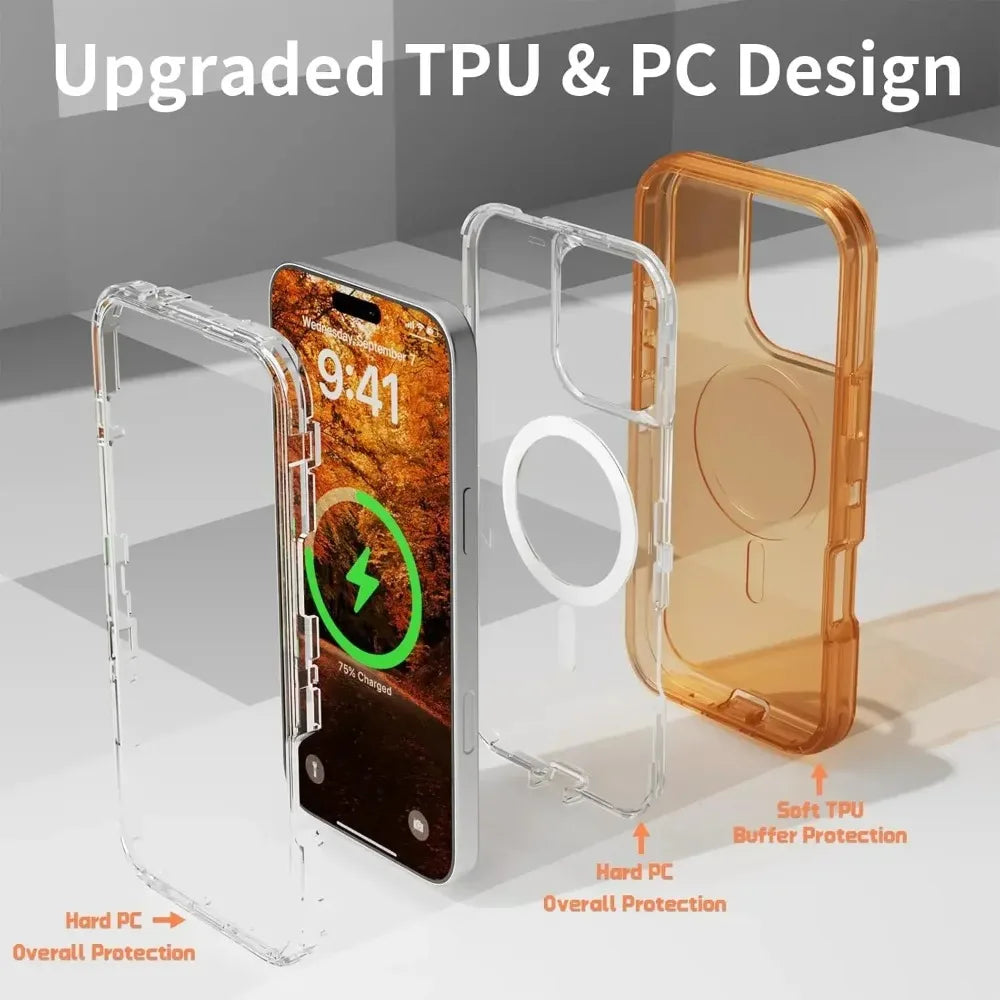 Rugged OTT Armor Magnetic Wireless Charging Clear Case for IPhone 17 Air 16 15 14 Plus 13 12 Pro Max Enhanced Shockproof Cover