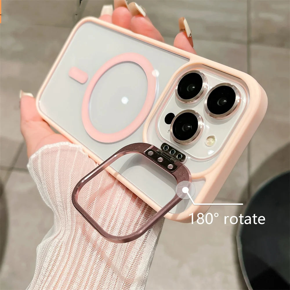Luxury Magnetic Stand Glass Lens Protection Phone Case For iPhone 17 16 15 14 12 11 Pro Max Plus Magsafe Shockproof cover