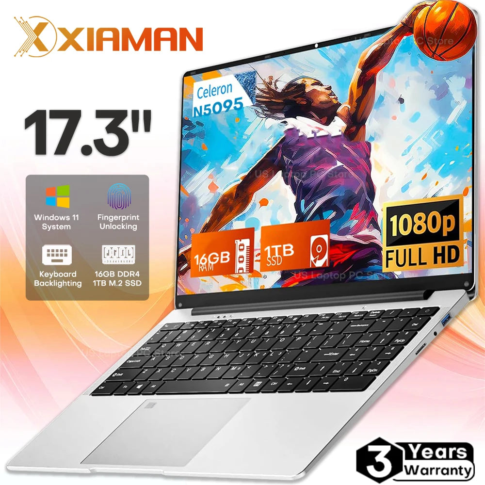 17.3" Laptop, intel Celeron N5095, 16GB DDR,4 1TB SSD, Windows 11, Fingerprint - WinSupport Tech
