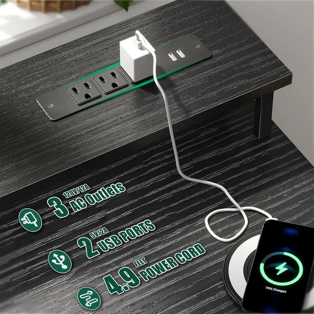 47 Inch Gaming Desk with Power Outlets and LED Lights, Reversible Computer Desk with 5 abric Storage Ders, Home Oice Desk with M