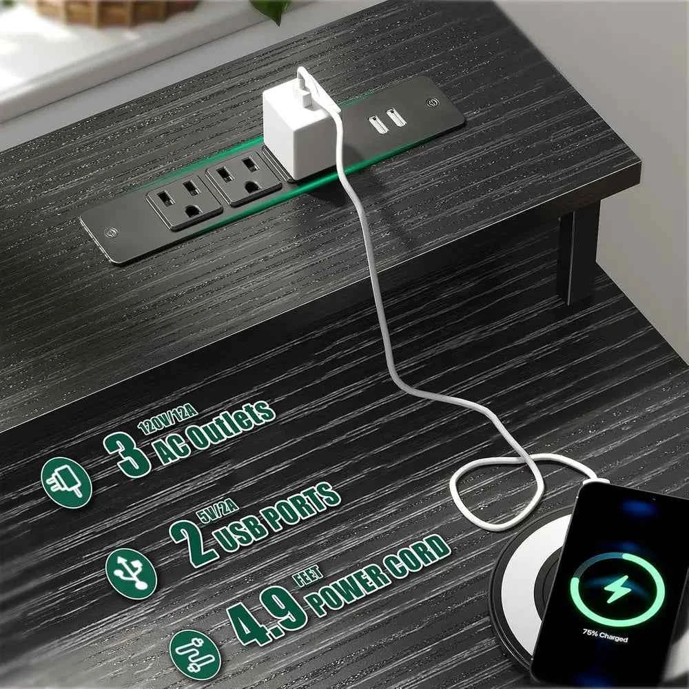 47 Inch Gaming Desk with Power Outlets and LED Lights, Reversible Computer Desk with 5 abric Storage Ders, Home Oice Desk with M