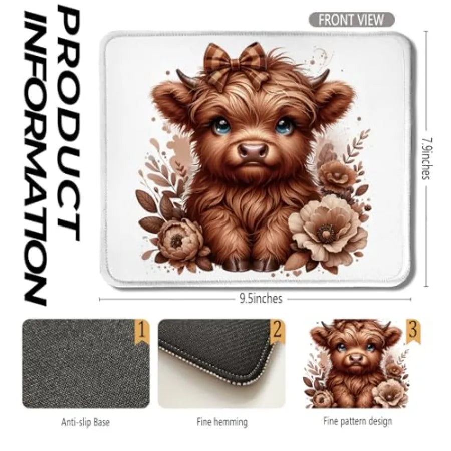 Floral Brown Highland Cow Mouse Pad, Cute Western Baby Highland Cow Heifer Mouse Pads Mousepad for Work Gaming Computers Laptop