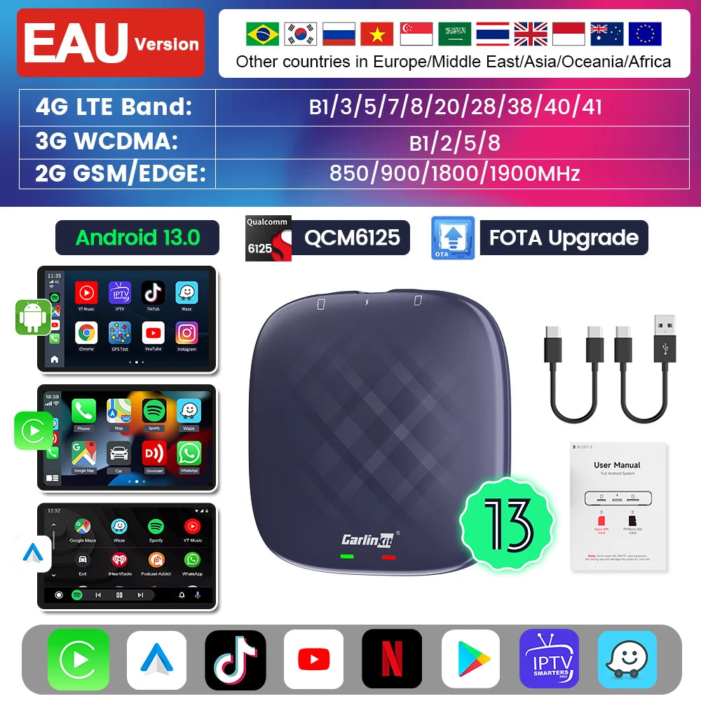 Carlinkit Ai Box Android 13 Led Wireless Android Auto & CarPlay Smart Tv Box QCM6225 Support Youtube Netflix Car Accessories