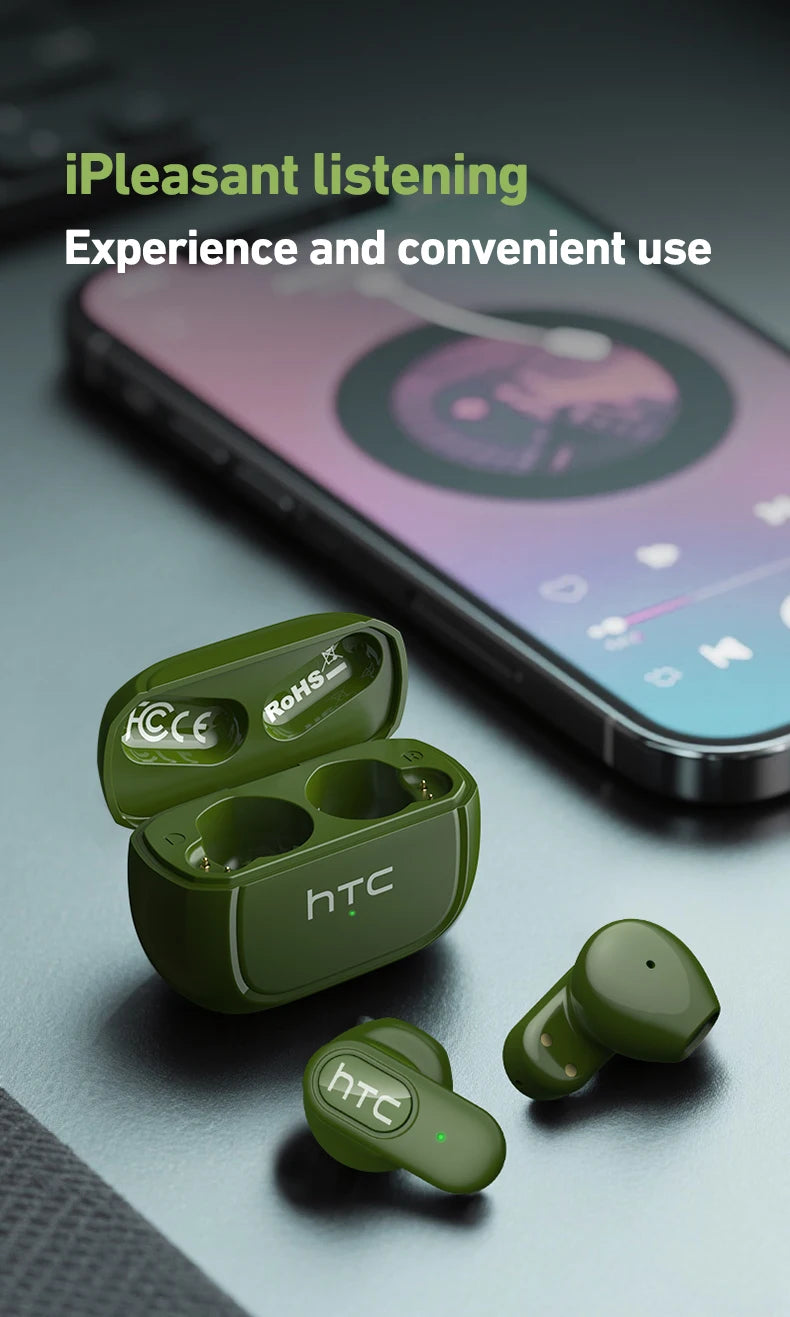 HTC NE51 Bluetooth Earphones TWS Mini EarBuds Sports Wireless Headphones Smart Noise Reduction Earbuds Green Black