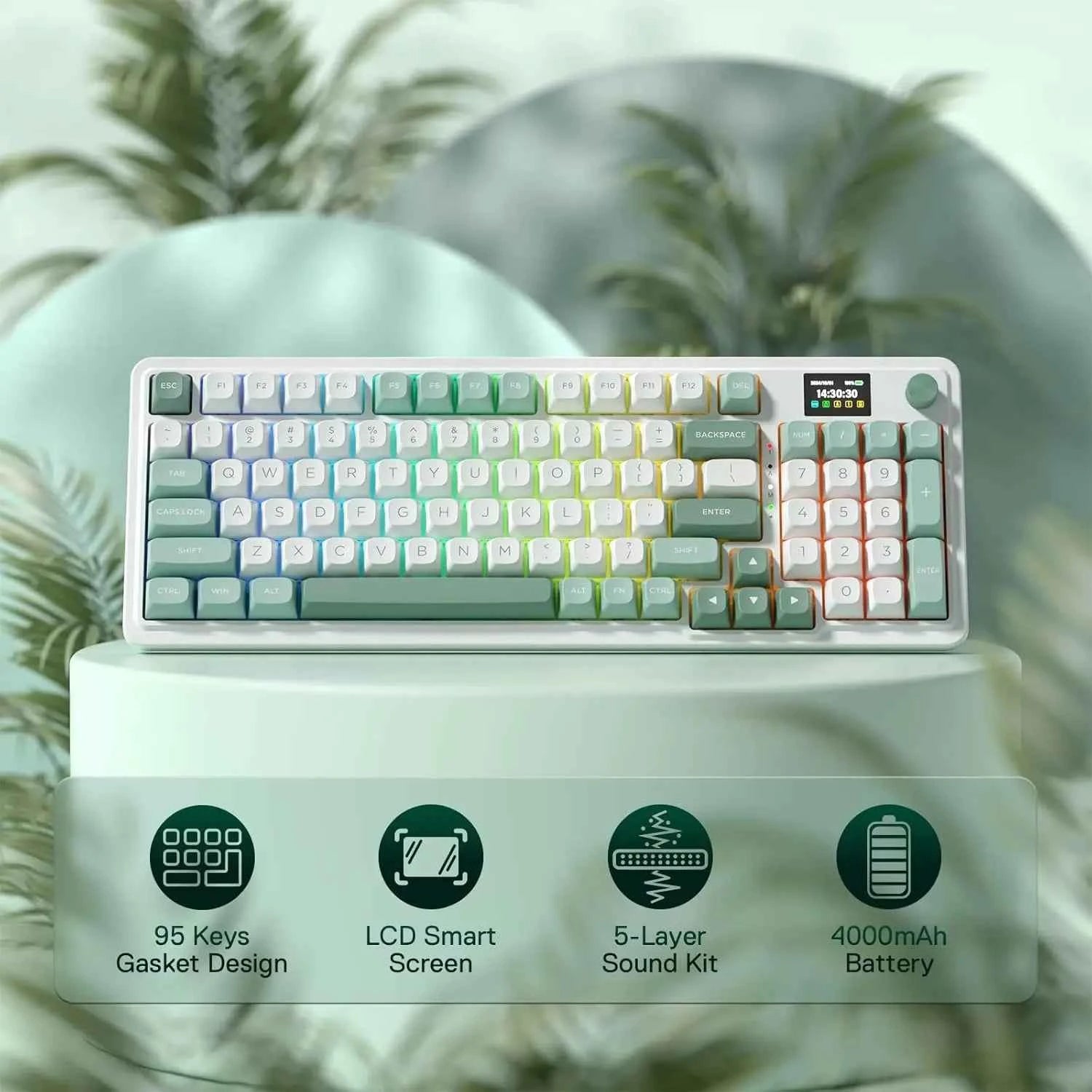 Redragon K719 Wireless Gasket Gaming 95 Keys Mechanical Keyboard,Easy-Control 1.14’’ TFT Info Display,Mint Mambo Switches