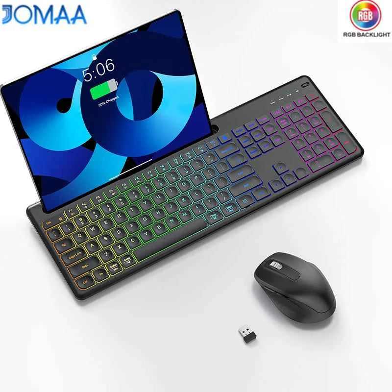 Ergonomic Backlit Keyboard Mouse Combo with Phone Holder 2.4G Wireless Rechargeable Keyboard Mouse Set for Win XP/7/8/10/11