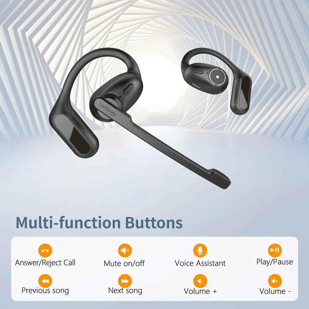 Open Ear Headphones with Boom Mic, Bluetooth 5.4 Wireless Headsets with Detachable Microphone, ENC Noise Cancelling, Mute Button