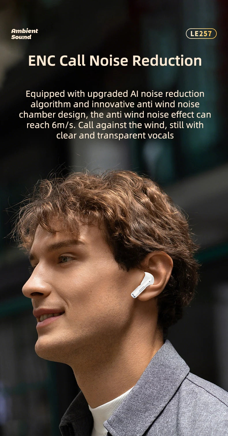 Lenovo LE257 Wireless Bluetooth 6.0 Earphones HiFi Sound ENC Call Noise Reduction TWS Headphones Gaming Sports Headset with Mic
