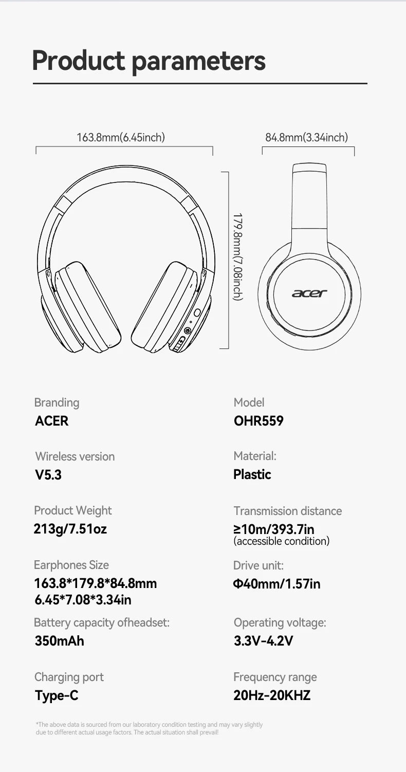 Acer Ohr559 Wireless Bluetooth Headset with High-Fidelity Stereo Bass Sound, Noise Reduction for Calls, Music, and Gaming, No Delay, Long Battery Life, Full-Ear Coverage, Comfortable Fit, with Microphone