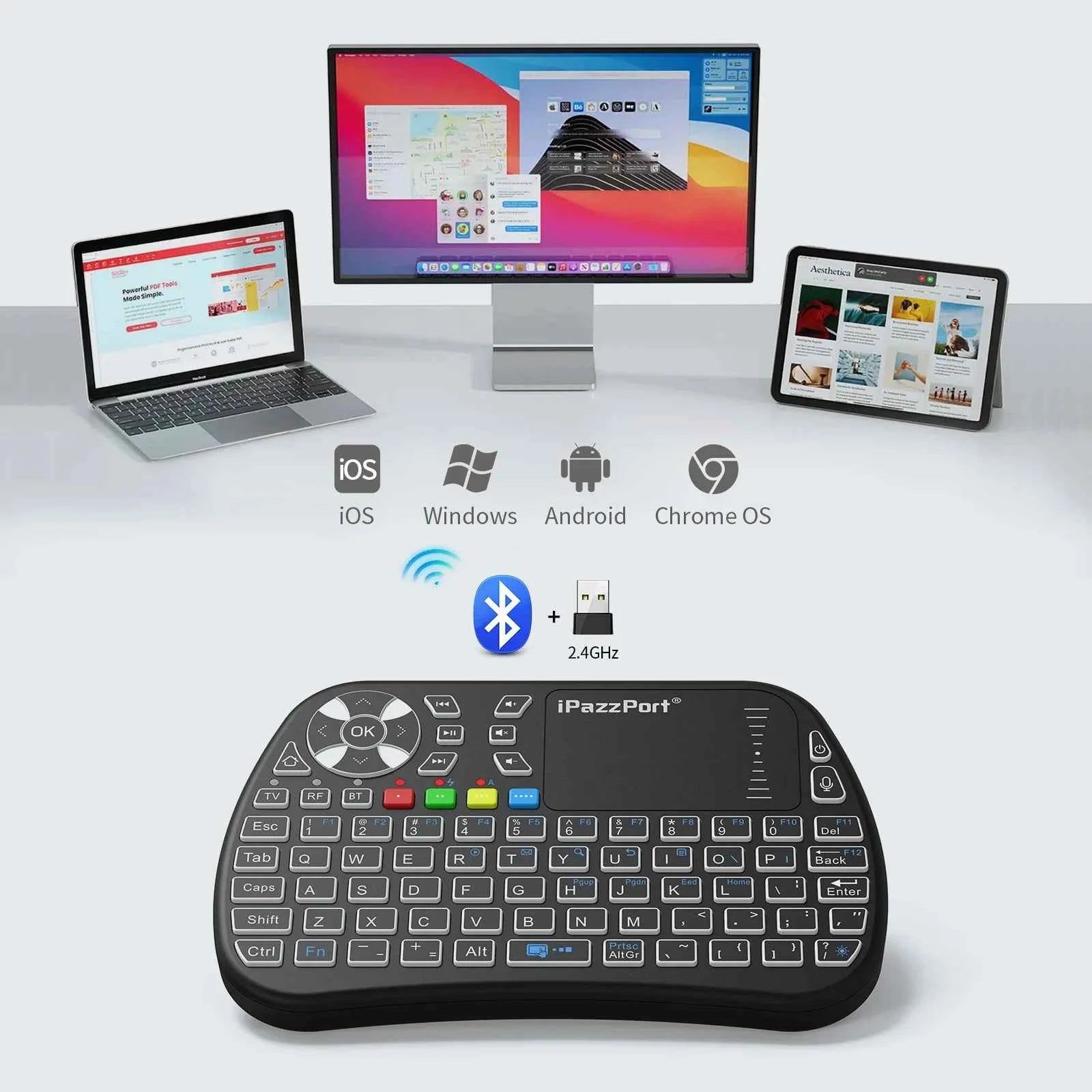 iPazzPort Bluetooth mini Keyboard with Touchpad,2.4Ghz , Backlight, Rechargeable, Compatible with Smart TV, Android TV Box, PC