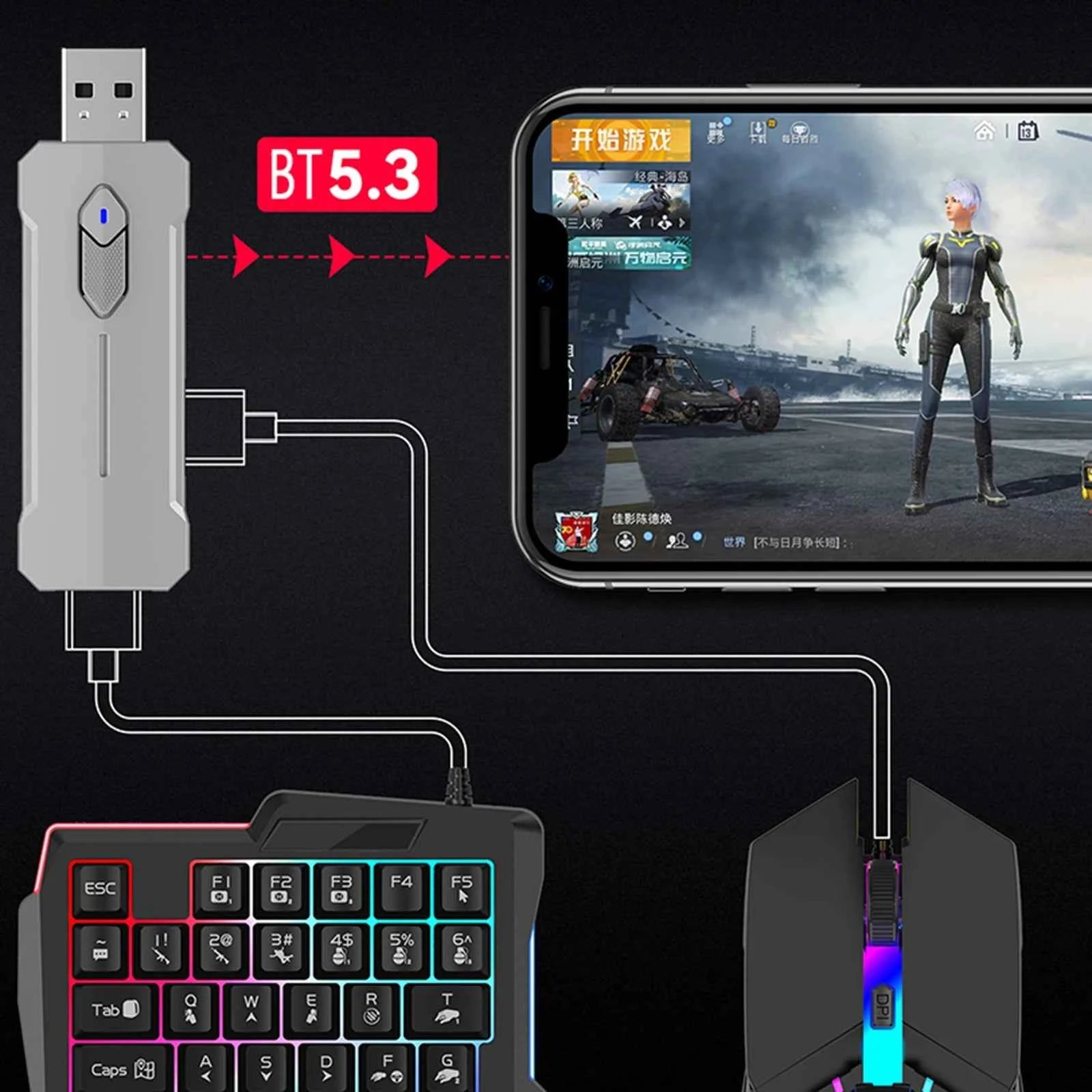 5 in 1 Mobile Game Converter Keyboard Mouse Gaming Set for PUBG Wired RGB Backlit Keyboard with Wrist Rest for Gamer Accessories