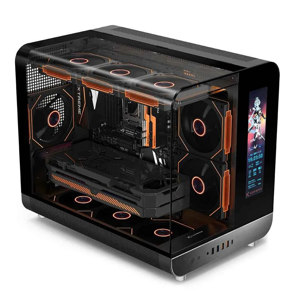 PowerTrain  X-GAMERX Phantom Wings LCD Edition Black Seaview Room Case MATX Vertical Desktop Computer 360 Water-cooling Host