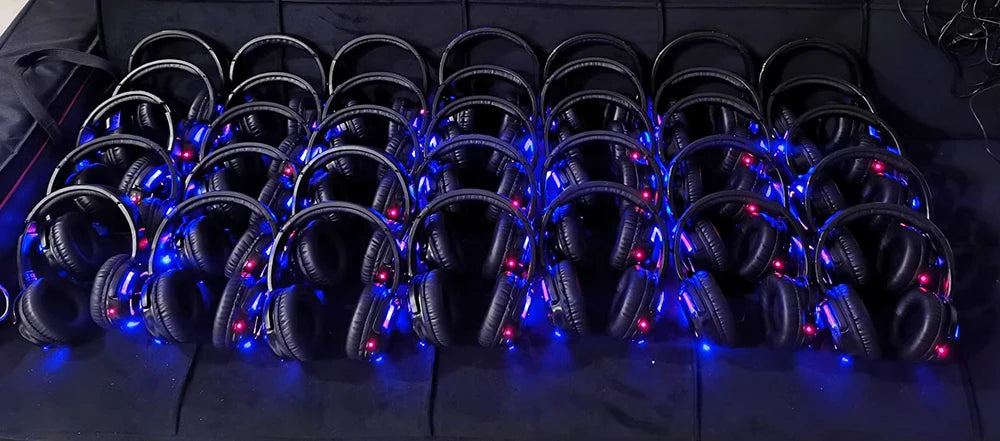 Silent Disco Professional System Over Head Led Wireless Headphones - Quiet Clubbing Party Bundle (20 RX+ 1 TX)