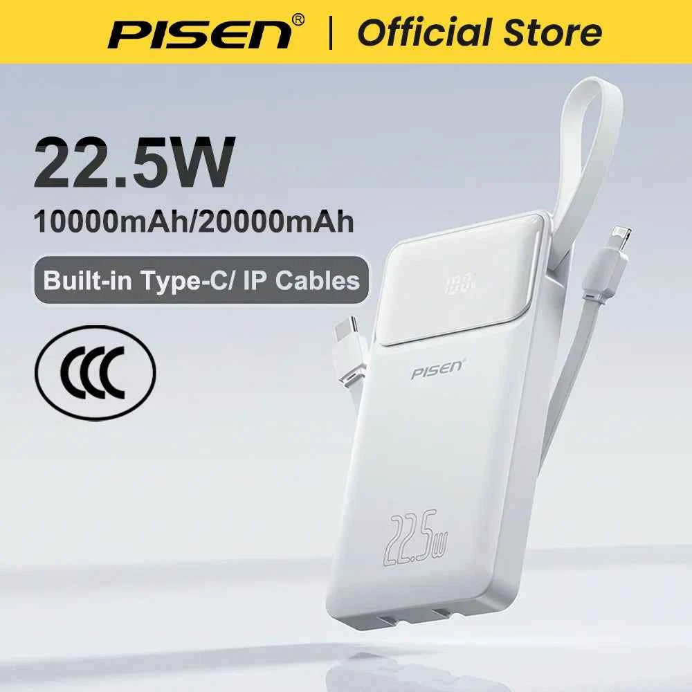 PISEN 3C Certified 22.5W Power Bank 10000mAh/ 20000mAh With Built-in Type C/L Cables Fast Charging Powerbank For iPhone Samsung