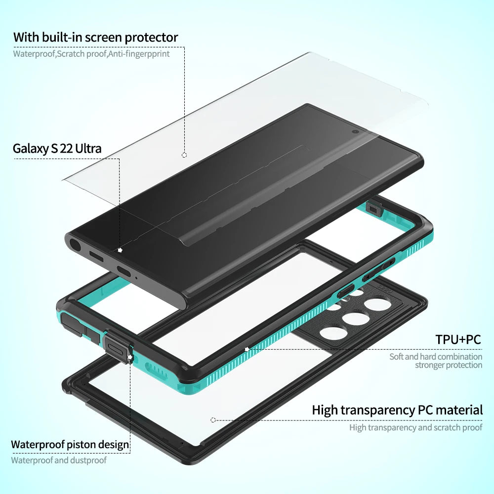 IP68 Waterproof Diving Swim OutdoorSport TPU Armor Cover Case For Samsung Galaxy S22 Ultra Plus S21 S20 Note 20 Ultra Note 10
