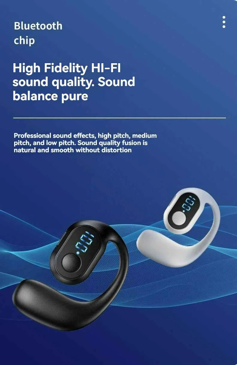 Wireless Bluetooth 5.3 Bone Conduction Headphones Open Ear Earbuds, Sports Ear Hook Headset with LED Power Display, Touch Contro